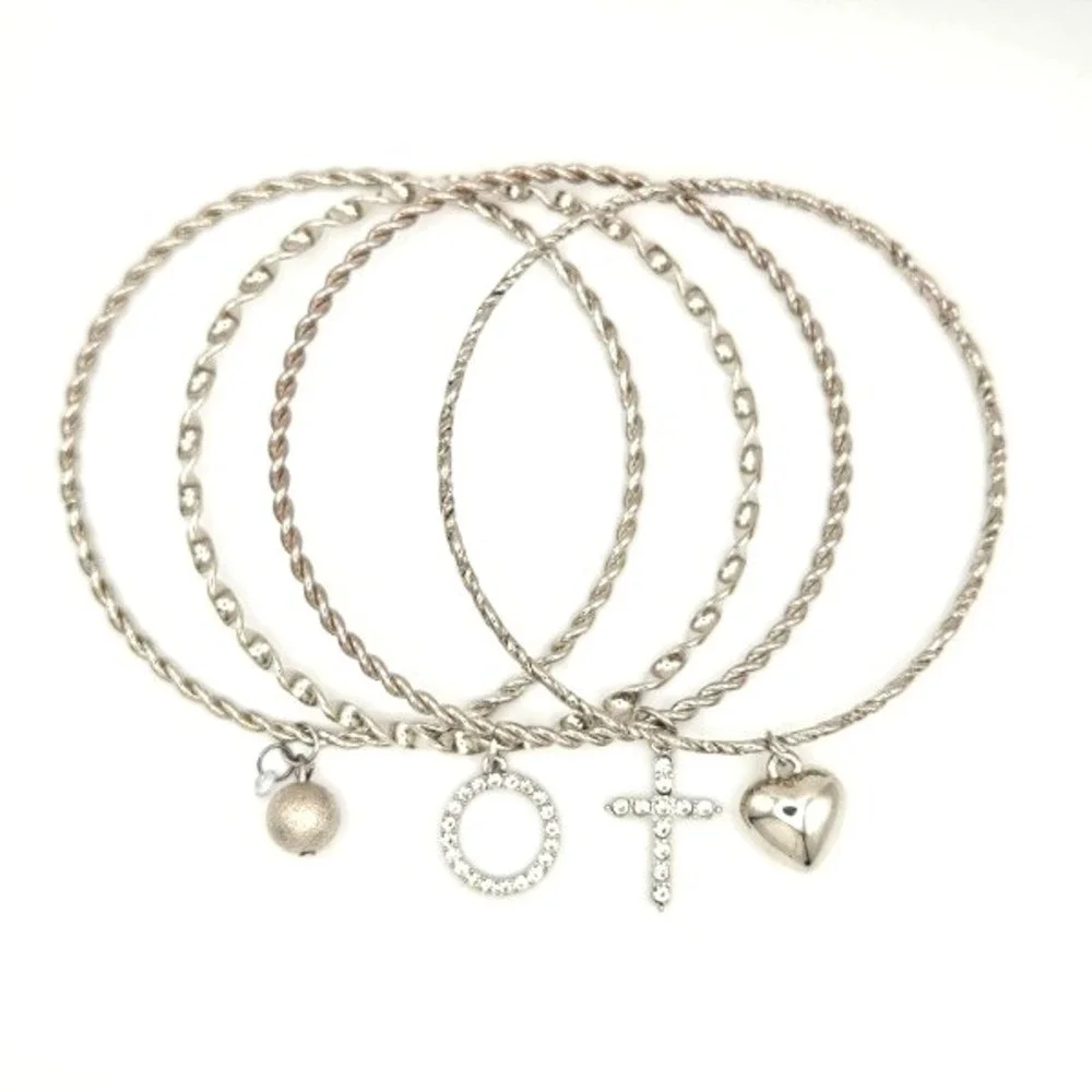 Silver Tone Twisted Bangle Set Charm Bracelets Ball‎ Cross Heart Circle 9 inches